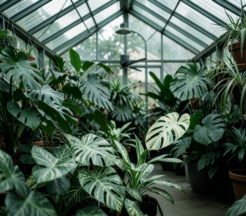 Established tropical plants growing inside a greenhouse