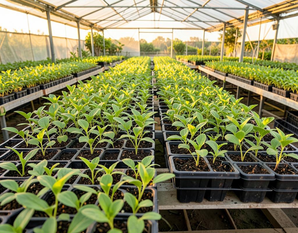 Rows of propagated plants growing in a greenhouse